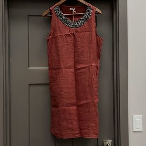 Lina Tomei Beaded Linen Cotton Dress, rust, medium